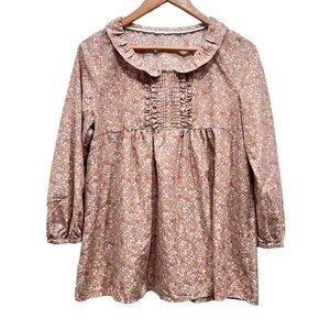 Earth Music & Ecology Cottage Blouse Tan Pink Floral Round Neck 3/4 Sleeve